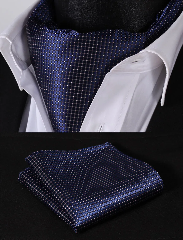  Check Striped Men Silk Cravat Ascot Tie Handkerchief Set #RM2 Party Classic Pocket Square Wedding