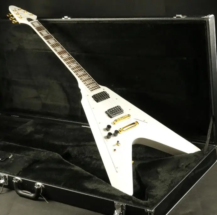

Left Hand Custom Shop Flying V Electric Guitar White Color Grover Tuner Gold Hardware