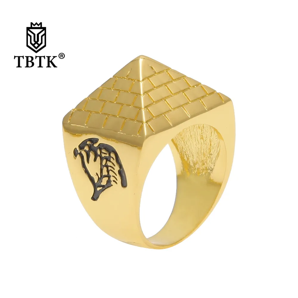 

TBTK Pyramid Model Retro Ring With Black Sculpture Pattern 18mm Width Men's Ring Large Punk Styly Jewelry Zinc Alloy Ring Gifts