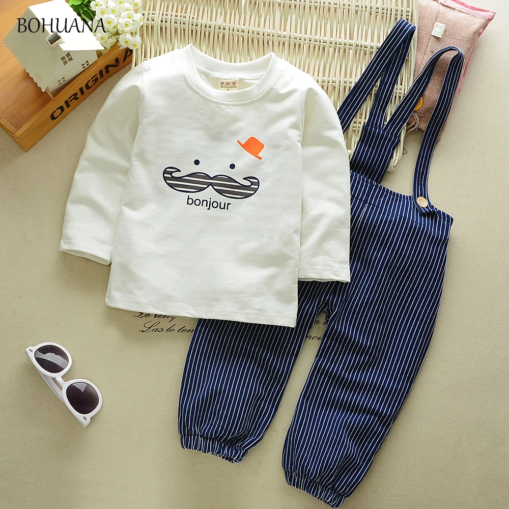 BOHUANA 2017 Autumn Baby Girls Boys Clothes Sets Infant Cotton Suits Cute Beard T Shirt+Stripe Straps Pants Children Kids Suits