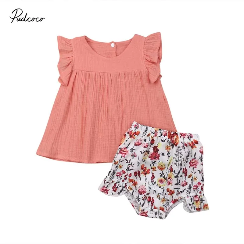 

2019 Brand 2Pcs Newborn Kids Baby Girl Clothes Solid Tops Dress Floral Shorts Briefs Outfit Summer Casual Clothing Set