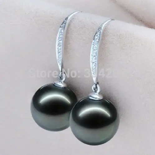 

HOT SELL - 2015 PAIR OF 10-11MM NATURAL TAHITIAN GENUINE BLACK PERFECT ROUND PEARL EARRING -Top quality free shipping