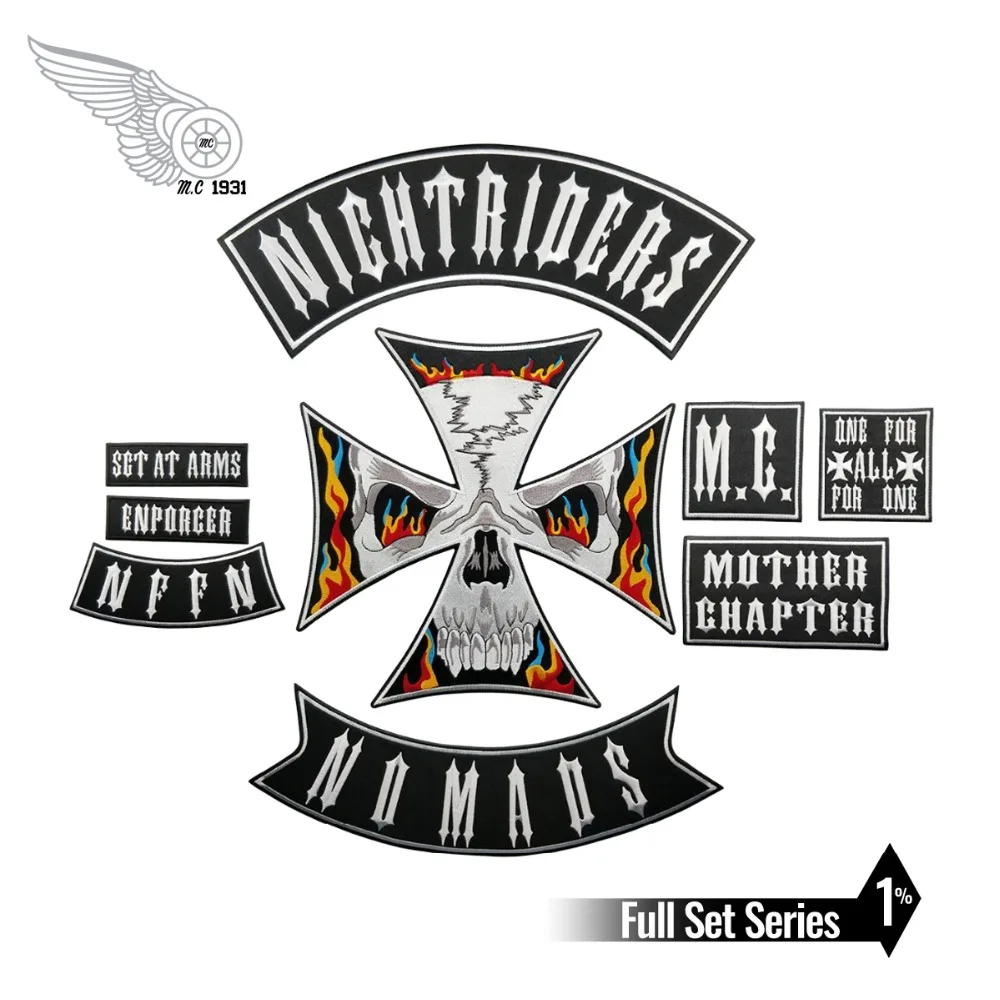 

Night Rider Nomads Patch Full Set Embroidery Iron on Backing Jacket Motorcycle Custom DIY
