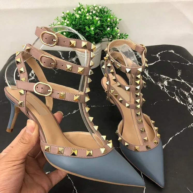 

Summer Black Matte Rivets Pointed Toe High Heels Leather Rivets Three Stiletto Sandals Wedding Shoes with Logo Box With Box