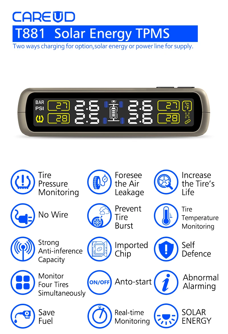 CAREUD солнечная энергия и USB зарядка автомобиля TPMS беспроводная система контроля давления в шинах с 4 внутренними датчиками ЖК-дисплей