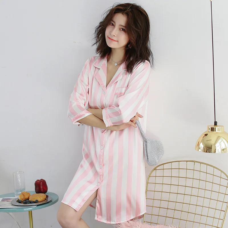 Spring Summer Women's Stripes Print Nightshirt Satin Sleepwear Female V-neck Silk Thin Nightgowns Casual Brief Nightdress - Цвет: Pink