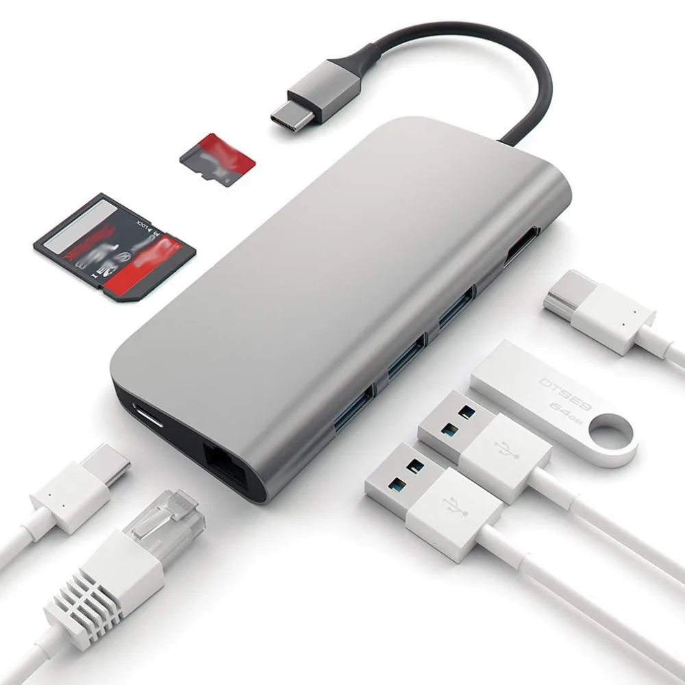 YSTC0101 тип-c к концентратору(3 порта USB3.0)+ Hdmi 4K+ RJ45 гигабитный+ зарядный данные+ безопасный цифровой/t-флэш-карта чтения 8 портов