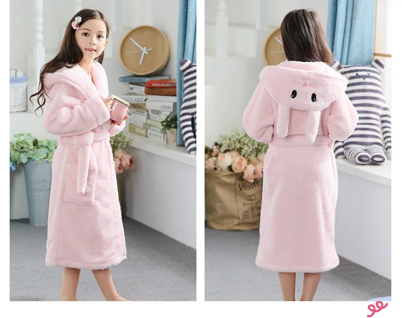 Kids Cartoon Bunny Pajamas Baby Girls Flannel Sleepwear Coral Fleece Winter Bathrobe Children Hooded Towel Robes Pyjamas Clothes