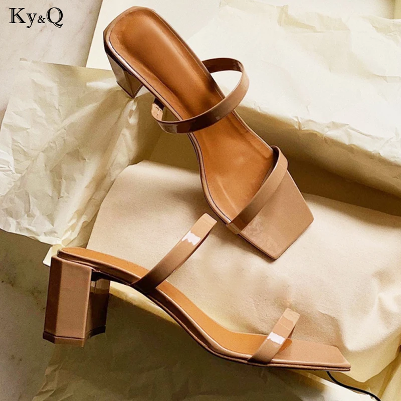 

Summer New 2019 Ladies Fashion Square Head Comfortable Leather Thick With Thin Slim Casual Open Toe High Heel Slippers 5-8cm