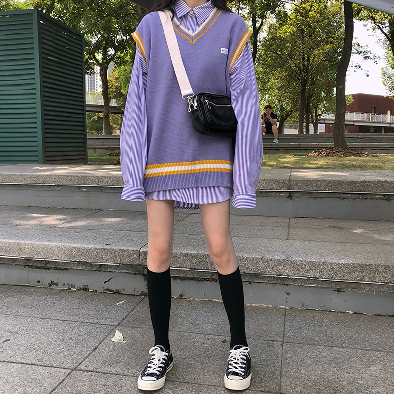 

2 colors 2019 korean preppy style V-neck color patchwork v neck vest sweaters womens knitted sweaters (X997)