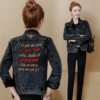 

Women Denim Jacket 2019 Spring Autumn New Loose Pocket Denim Clothing Letter Embroidery Short Denim Jacket Female Top Outwear