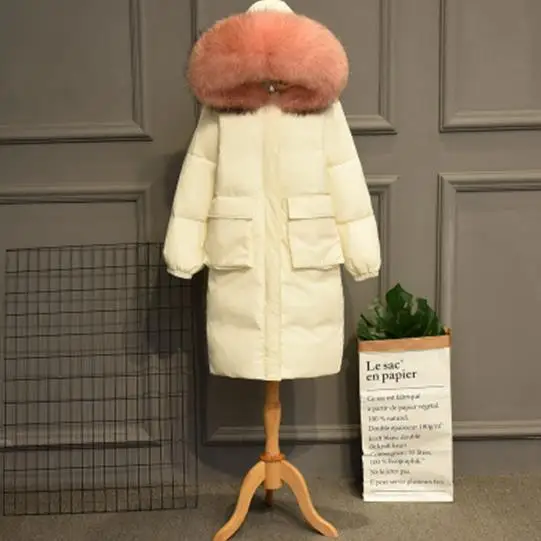 Зимняя женская белая куртка-пуховик на утином пуху, теплая Толстая длинная парка с капюшоном и большим воротником из натурального меха, верхняя одежда, свободное Женское пальто RH01058 - Цвет: White Pink Fur
