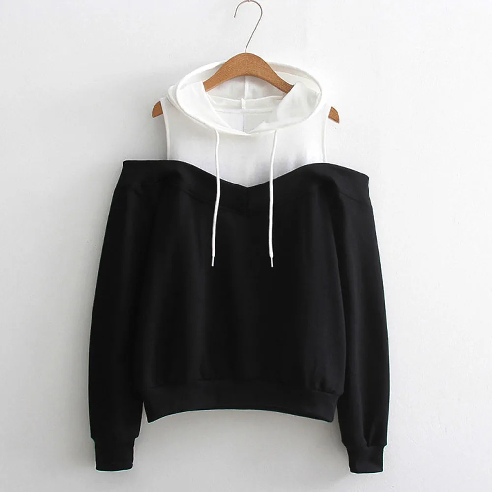 

Womens Patchwork Sweatshirts Hoodie Sexy Cold Shoulder Long Sleeve Sweatshirt Hooded Pullover Tops Jumper sudadera mujer
