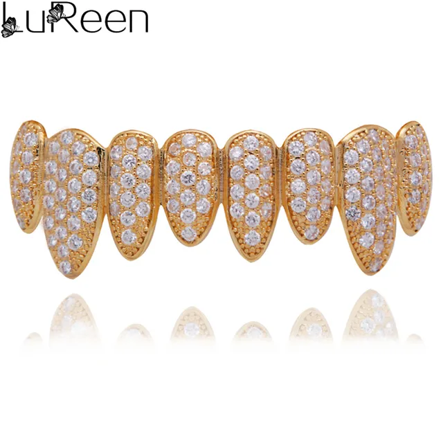 LuReen Iced Out Grillz Vampire Fangs Grillz Top Bottom Gold Teeth Hip Hop Tooth Caps CZ Crystal Bling Grillz Rapper Jewelry gold bottom