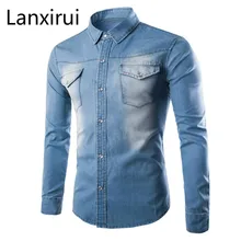 Весенние тонкие джинсовая рубашка мужская с длинным рукавом Хлопок Два Кармана Тонкий плотная рубашка Для мужчин эластичные джинсы ковбойская одежда плюс Размеры 5xl