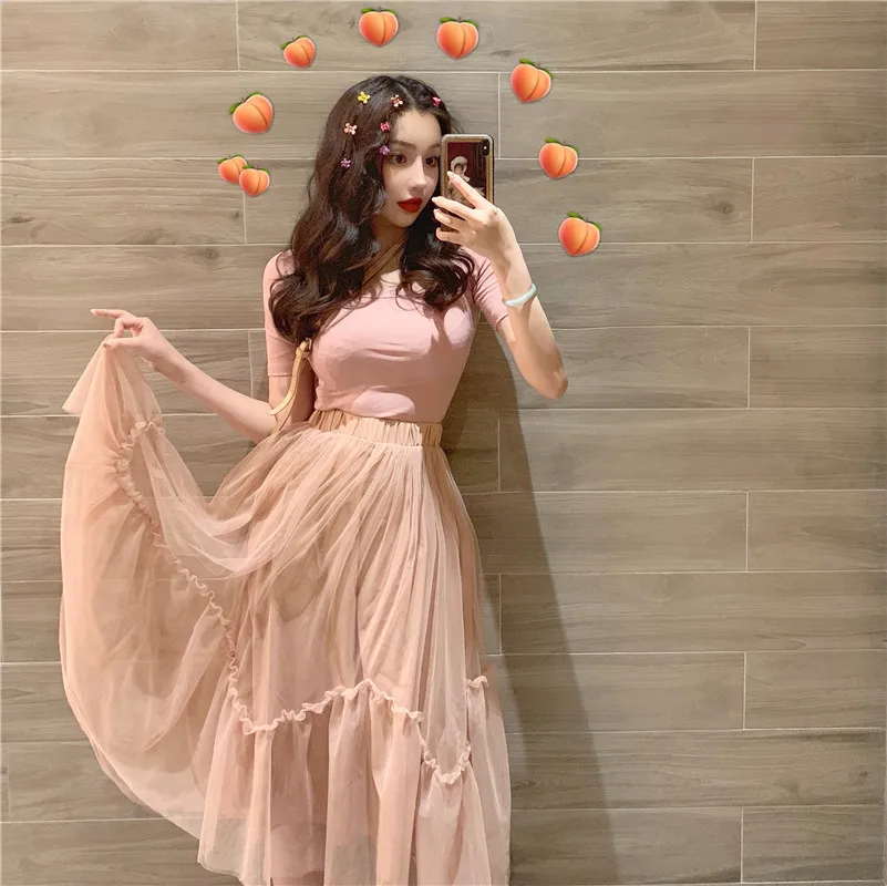 

2019 spring clothes white fairy skirt irregular mesh skirts ladies summer long section high waist midi skirt two piece set new