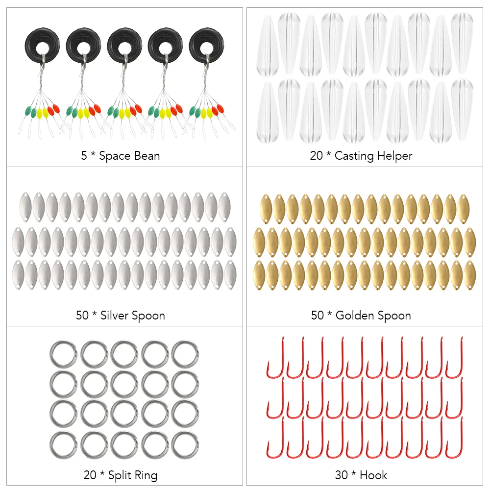175 шт Ассорти Рыболовный набор инструментов металлическая ложка приманки космические бобы Сплит Кольца Крючки литье помощник с снасти