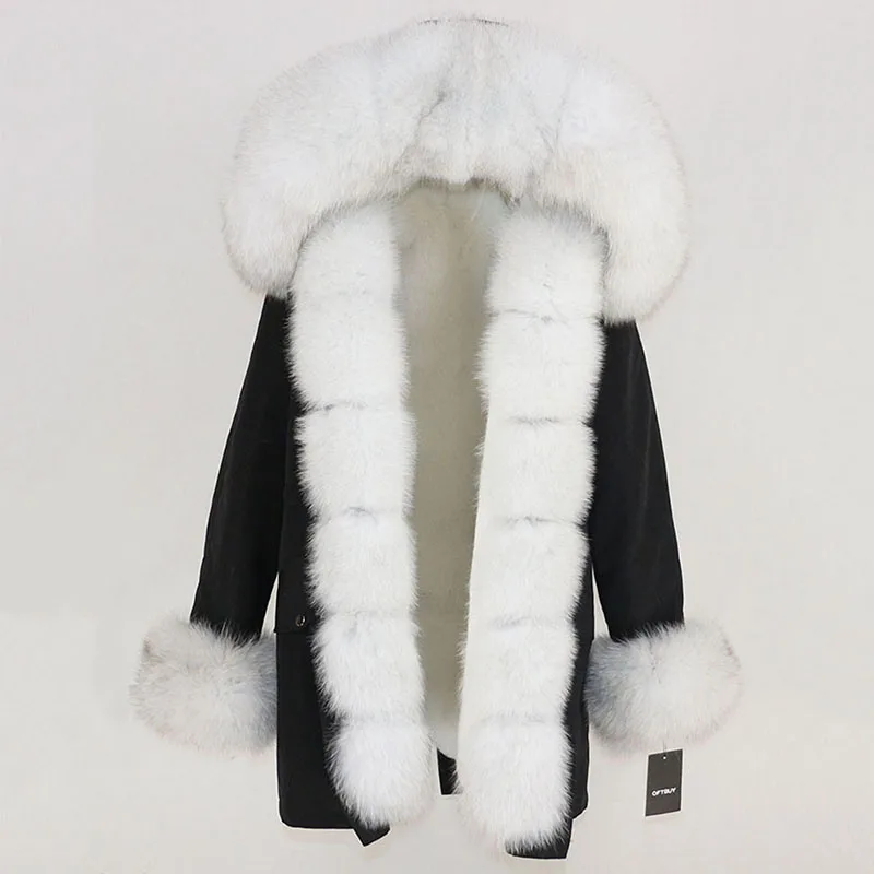 Женская парка с натуральным лисьим мехом OFTBUY, бежевое пальто с отделкой из лисьего меха, свободная длинная парка, верхняя одежда со съемным мехом, зима - Цвет: black white