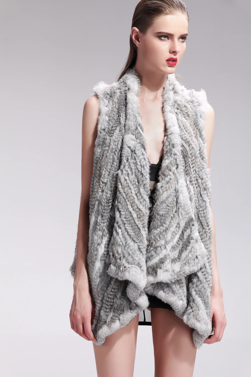 ZY88010 Classic Lady Genuine Knitted Winter Women Rabbit Fur Turn-Down Fur Vest Fur Waistcoat Gilet Outwear long duvet coat