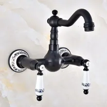 Black Oil Rubbed Bronze Wall Mounted Bathroom Kitchen Sink Faucet Swivel Spout Mixer Tap Dual Ceramics Handles Levers anf864