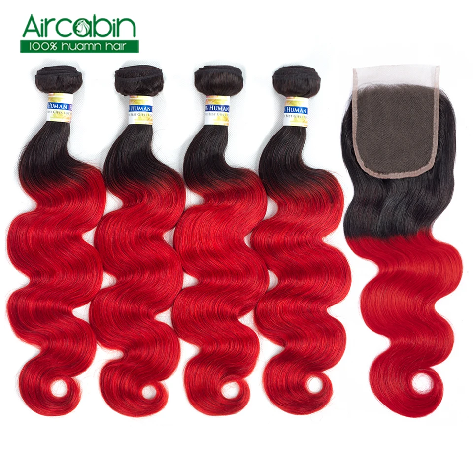 

T1B Red Body Wave Bundles with Closure Brazilian Hair Weave Bundles Human Hair Extensions 3 or 4 Bundles With Closure Non Remy