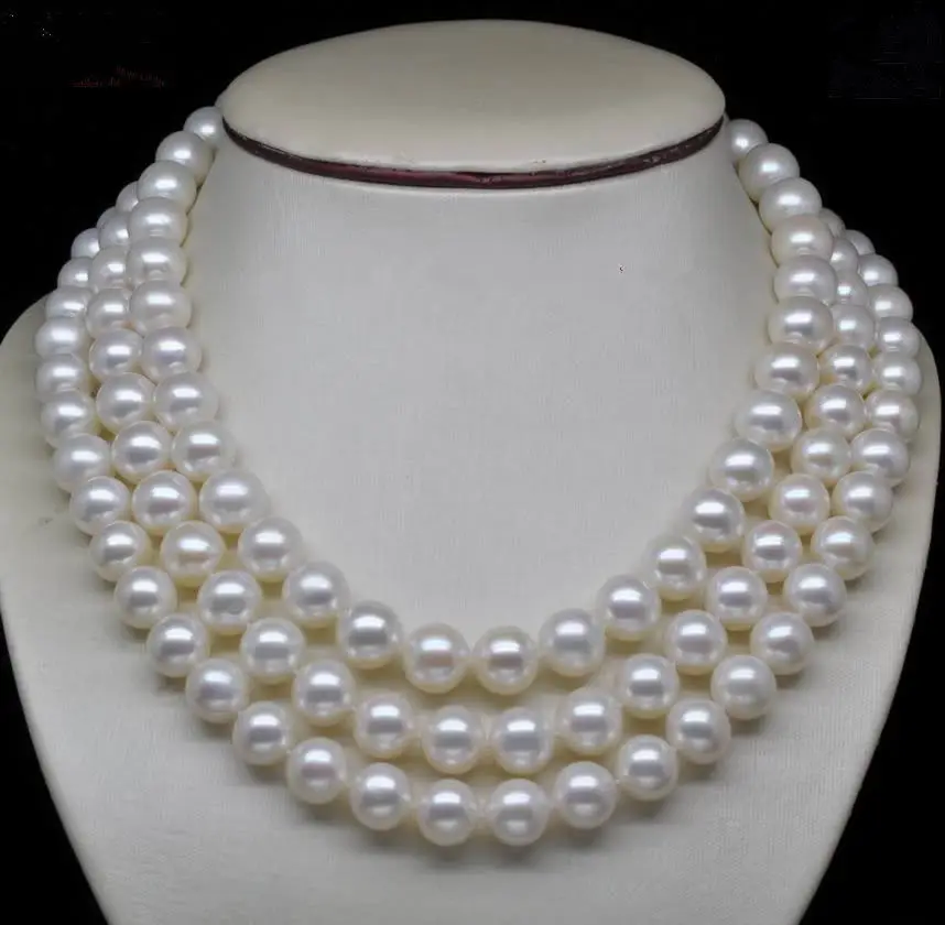

Free Shipping >>>>>Noblest Triple Strand AAA+ 9-8 MM White Pearl Necklace 14K Gold Clasp