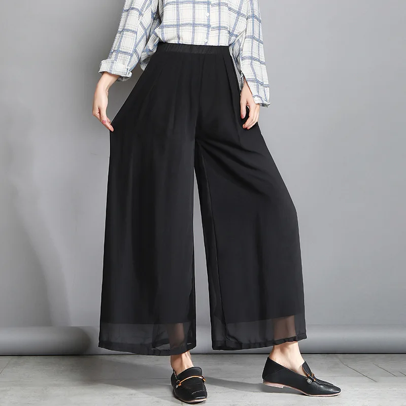 Summer Wide Leg Pants Female High Waist Pleated Plus Size Chiffon Palazzo Casual Loose Skirt Trousers Woman | Женская одежда