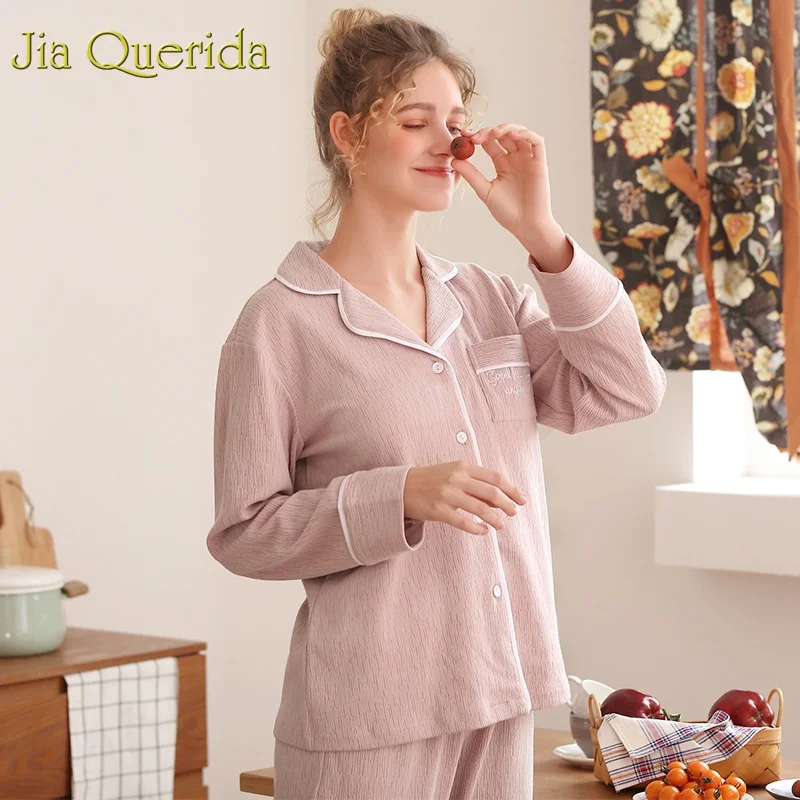 J& Q, женские пижамы s, весна, новая стильная домашняя одежда для мужчин и женщин, парный пижамный комплект, однотонный розовый кардиган, одежда для сна, 2 шт., пижамный комплект - Цвет: 191018