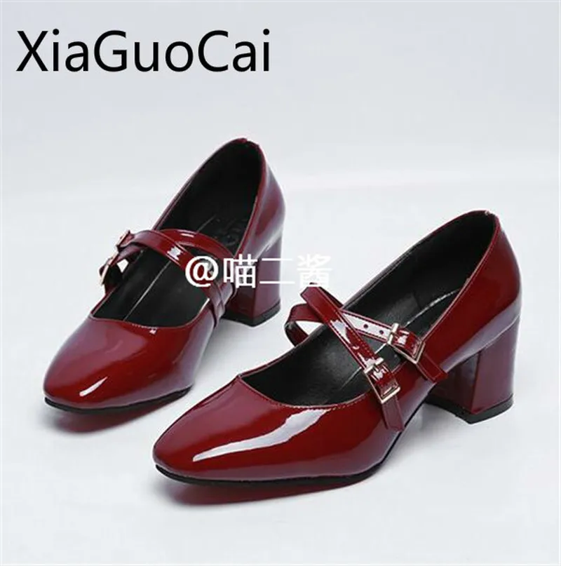 

Cute Brand Women Retro Mary Jane Shoes Square Heels Female Casual Pumps Shallow Lolita High Heels Buckle Patent Leather Pumps