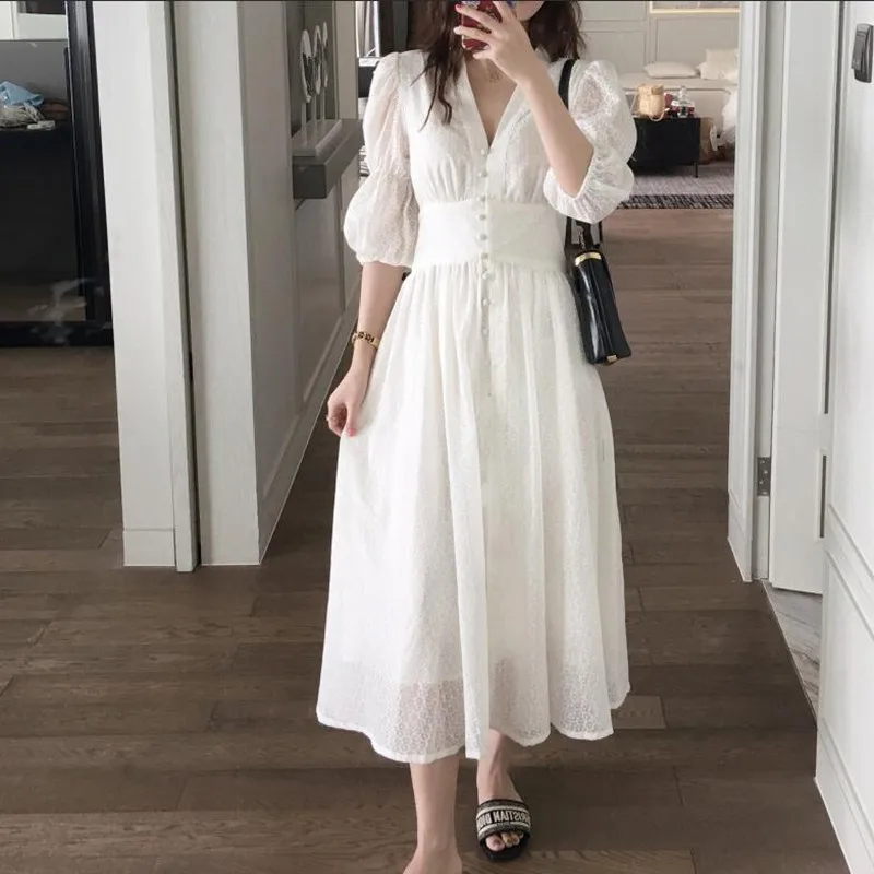 French Romantic Style White Dresses 2019 Summer V-neck Single-breasted Puff  Sleeve Long Dress Vintage V-neck Split Cotton Dress - Dresses - AliExpress