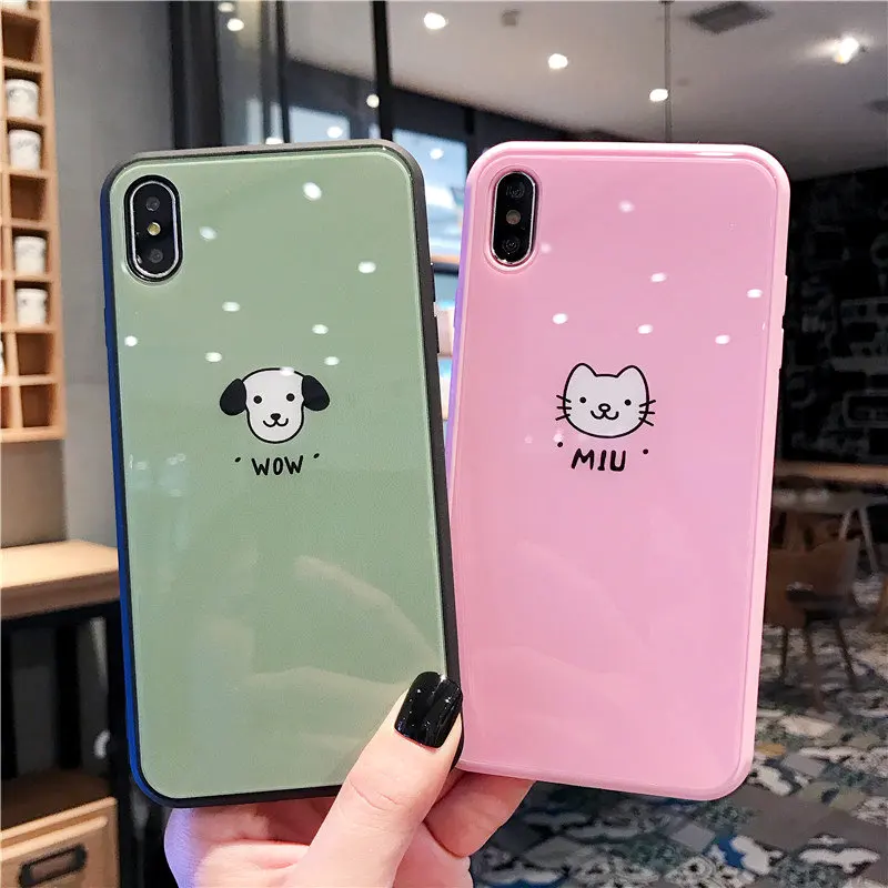 

Luxury Lovely Cartoon Dog Cat Phone Case For iPhone X XS XR 6 6S 7 8 Plus For iPhone XS MAX Cases Fashion Glass Glossy Cover