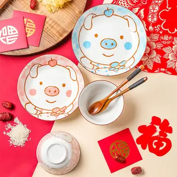 

20pcs/set Ceramic Dinner Dish Plate Rice Tableware Set Cute Pig Pattern Dishes Bowls Spoons Set Home Tableware Kitchen Cook Tool