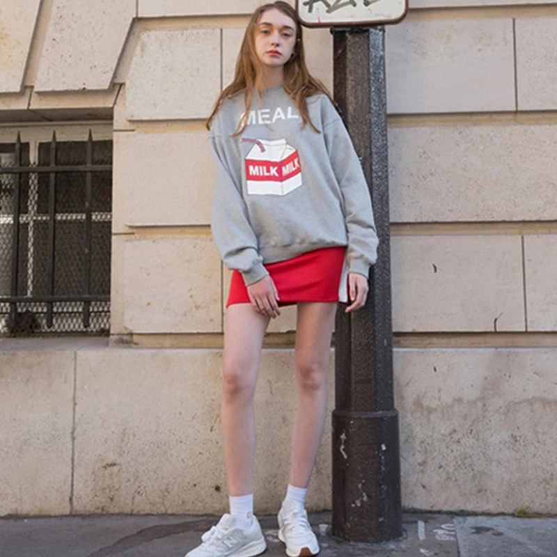 

Fashion Harajuku College Wind Milk Box Letter Print Pullover Gray Simple Loose Round Neck Long Sleeve Casual Women Sweatshirt