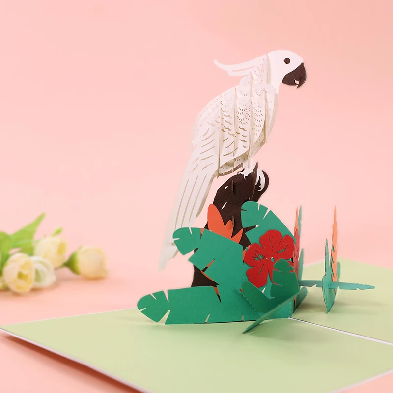  3D Handmade Stereoscopic White Lifelike Parrot Paper Invitation Greeting Cards + Envelope Kids Birt - 32910888814