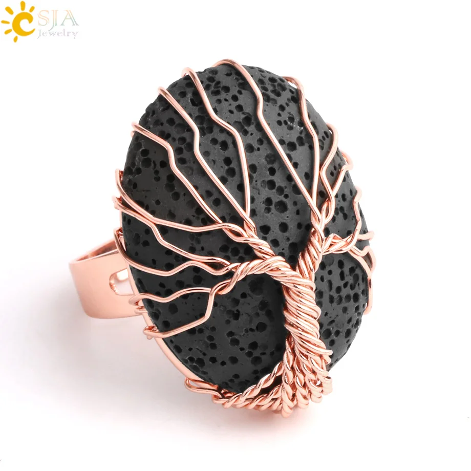 

CSJA Rose Gold Color Wire Wrapped Life Tree Finger Ring for Women Men Egg Shaped Lava Stone Adjustable Rings Charms Jewelry G065