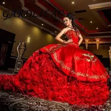 Милое Красное Бальное Платье с золотой вышивкой, пышное платье, атласный со шнуровкой, длина до пола, vestido de festa, милое платье 16