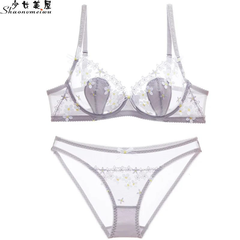 Goede Shaonvmeiwu Ultra dunne cup transparante mesh ondergoed sexy borduurwerk beha set see through verleiding beha dunne vrouwen