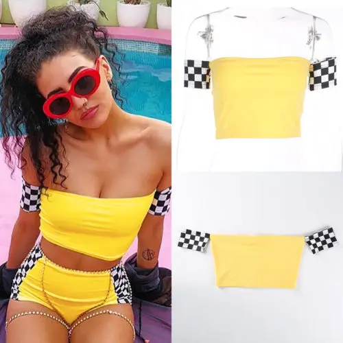 Womens plaid Frill Bandage Crop Tops Off Shoulder Ribbed Long Sleeve Jumper Top boob tube top crop top for women