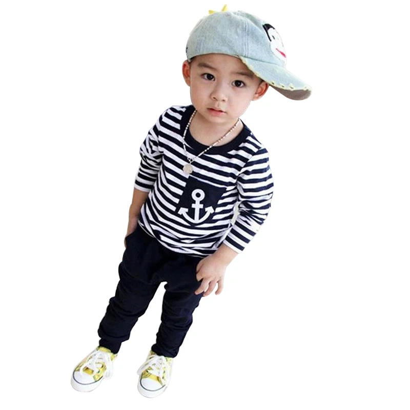 

2018 Hot Sale Baby boy clothes Spring Kids Clothes Navy Srtiped Long Sleeve Pullover Shirts + Pants Sports baby girl clothes
