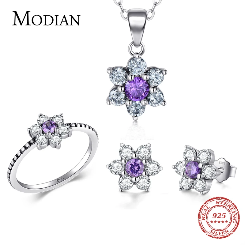 Modian, классика, Настоящее серебро 925 пробы, кольцо и серьги, модные кристально чистые серьги-гвоздики для женщин, свадебные ювелирные наборы
