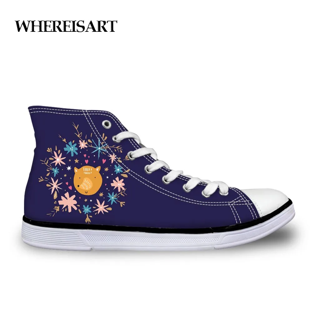 

WHEREISART Trendy Animals Forest Fox Printed Vulcanized Shoes for Ladies Casual Women High Top Canvas Shoes Female Lace up Flats