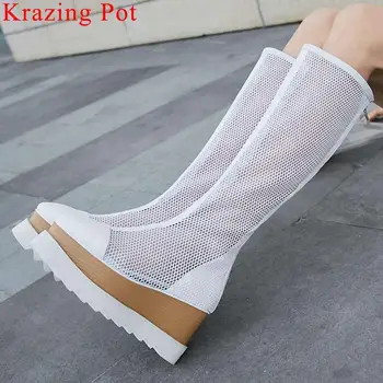 

Krazing Pot large size breathable air mesh wedges high heels summer boots square toe cow leather handsome thigh high boots L88