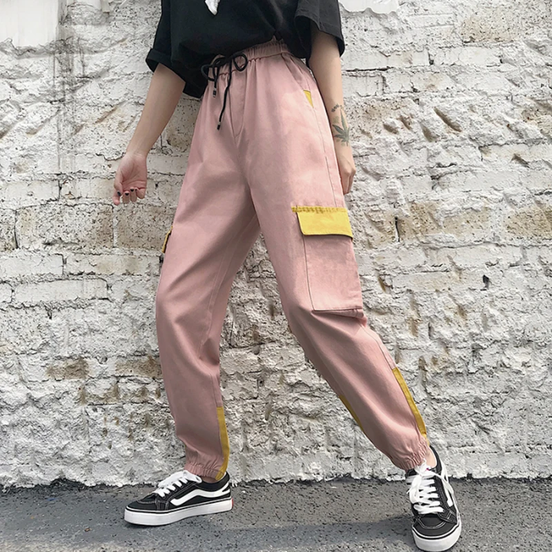 

Harajuku High Waist Cargo Pants Women Drawstring Pockets Harem Pants korean Plus Size sweatpants Patchwork Trousers pantalon