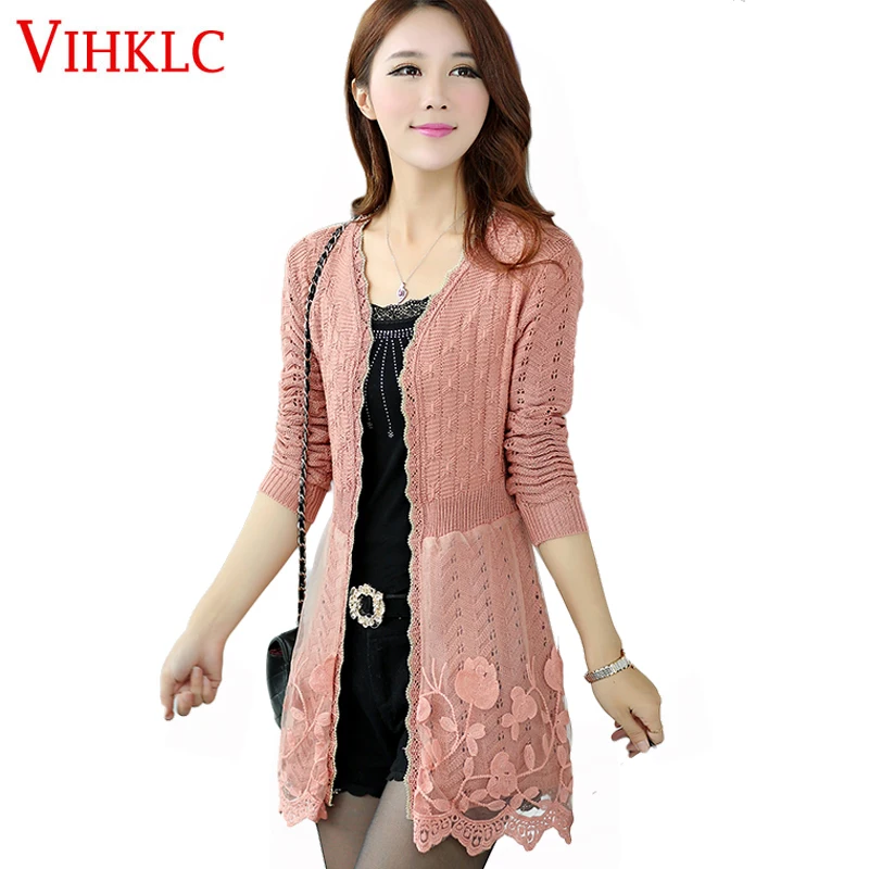 Повседневный длинный вязаный кардиган для девочек, весенне-осенний корейский женский свободный Однотонный свитер с кружевом, размер M-3XL, H276