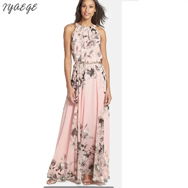 Summer Beach Maxi Dress Chiffon Off Shoulder Sashes Long Dress Pink ...