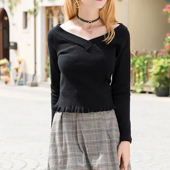 

2019 Autumn Stringy Selvedge Slim Women Knitwear Unique Knitted Solid Black V Neck Casual Short Womens Pullover Sweater Knitwear