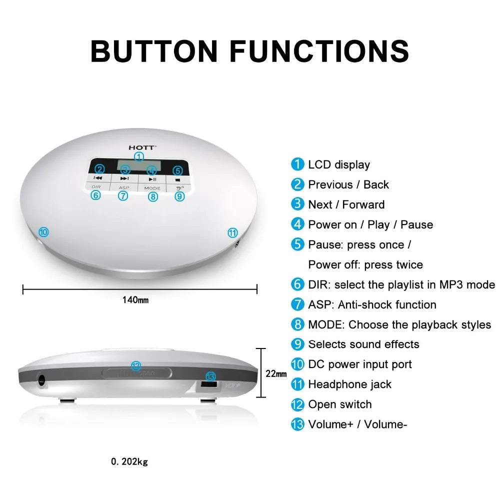 Портативный CD-плеер HOTT портативный персональный CD-плеер с разъемом для наушников, анти-Скип/Противоударная защита компактный CD музыкальный плеер