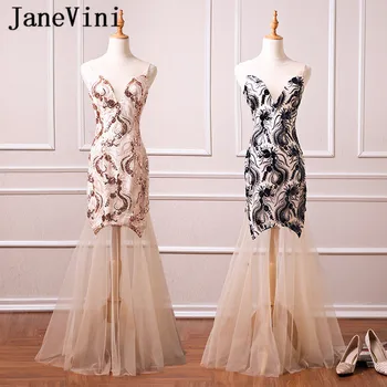 

JaneVini Vestidos Sexy Deep V Neck Mermaid Mother of The Bride Dresses Exquisite Embroidery Sequined Satin Black Evening Gowns
