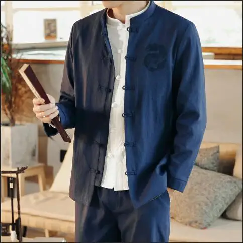 Однобортный мужской пиджак и брюки Азиатский Размер s M L XL XXL XXXL XXXXL вышивка Мужской комплект из двух предметов в китайском стиле - Цвет: Тёмно-синий