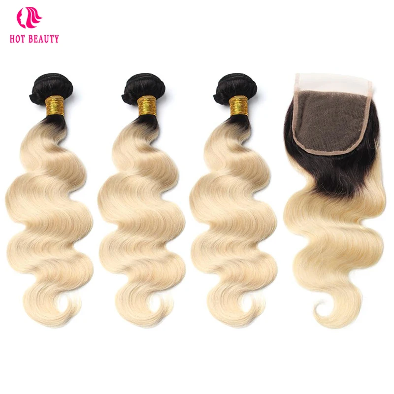 

Hot Beauty Hair Brazilian Human Hair Black Roots 1B/613 Body Wave Weave Bundles With Free Part Lace Closure Remy Hair 4PCS